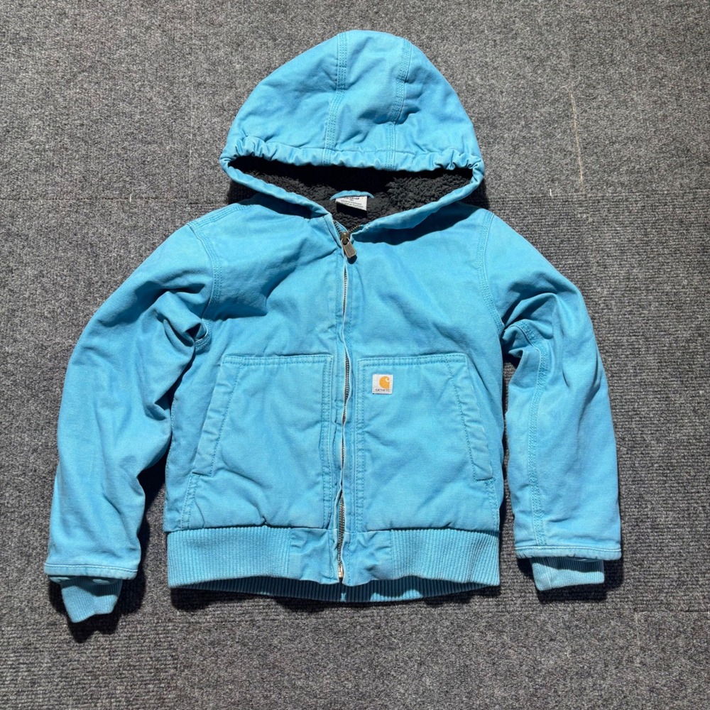 Carhartt Kids Sherpa Lined Active Jacket Blue Canvas Hooded Work Coat Size 6 XS